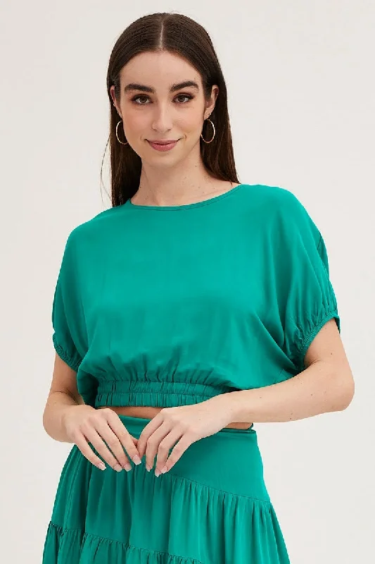 Green Crop Top Short Sleeve Elasticated Waist Real Fur Shearling Chenille