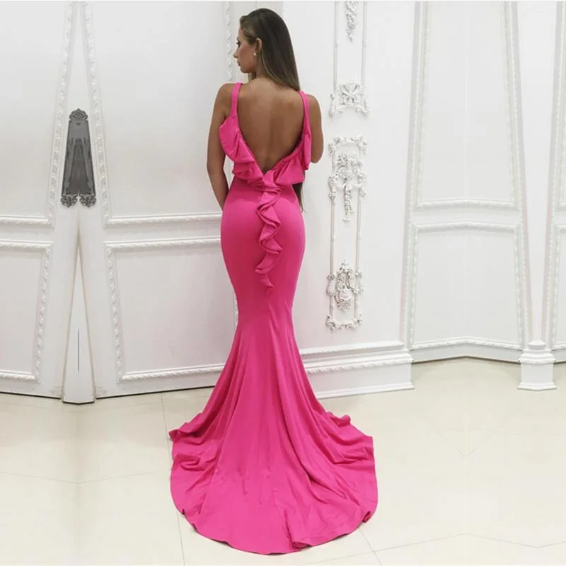 Pink Jersey Ruffle Back Mermaid Prom Dresses 2018 Formal Evening Gowns Halter Neckline Beach