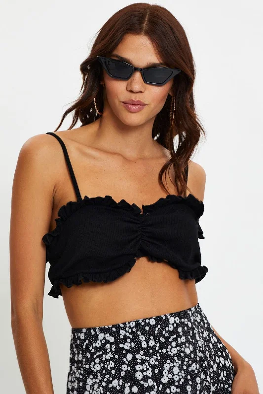 Black Ruched Frill Detail Ribbed Crop Top Sequined Glittery Shiny