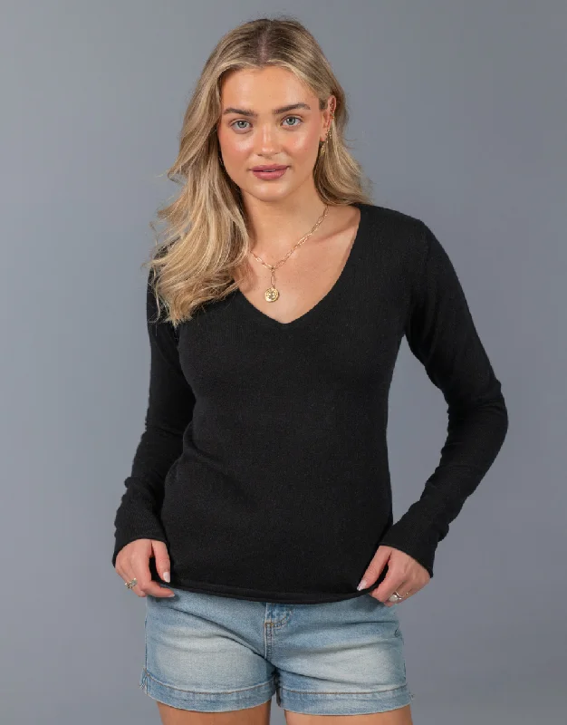 Cropped V Neck Cashmere Sweater in Black Front Pockets Side Pockets Patch Pockets