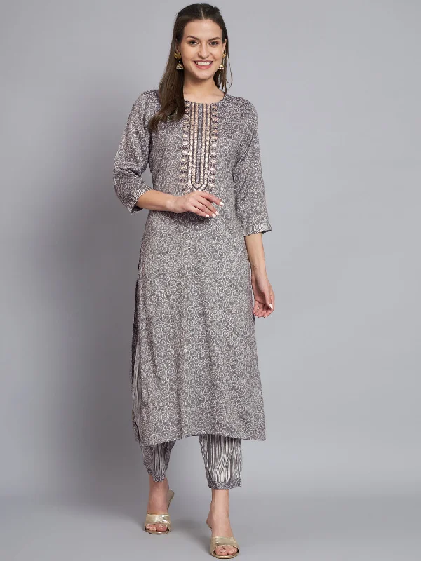 Women's Grey Embroidery Kurta With Trouser - Mesmora Fashion Trousers Recommended Stylist
