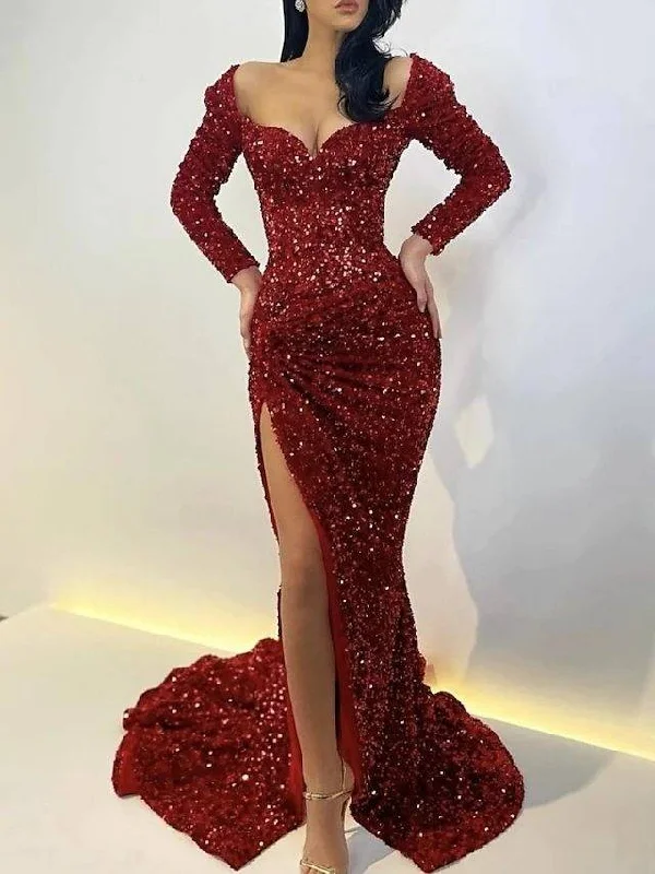 Mermaid / Trumpet Sparkle Sexy Wedding Guest Formal Evening Dress Scoop Neck Long Sleeve Sweep / Brush Train Sequined with Sequin Split Tunics New arrival
