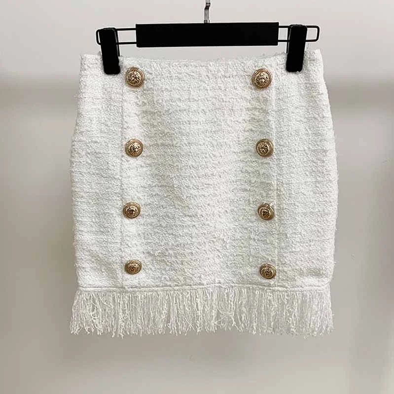 Hight Waisted White Formal Skirt Gold-tone Mini Skirt for Ladies wool skirt warm