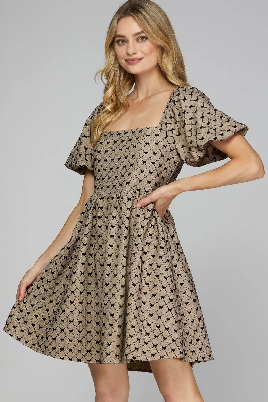 Puff Sleeve Bow Dress Crew Neckline Casual