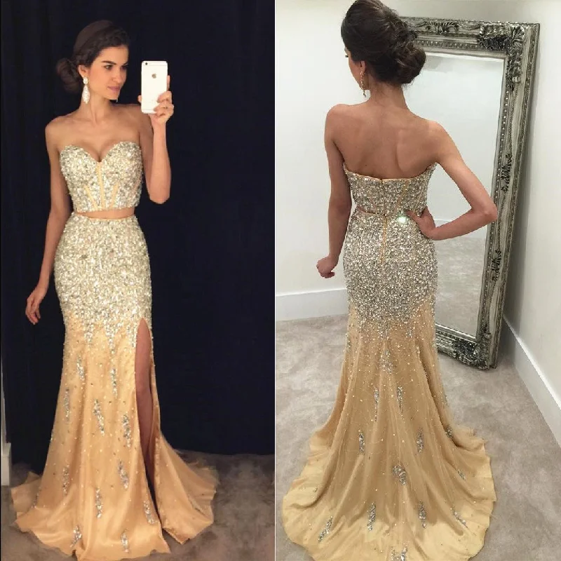 Two Piece Prom Dresses Mermaid Crystal Beaded 2019 Luxury Tunics Solid Classic