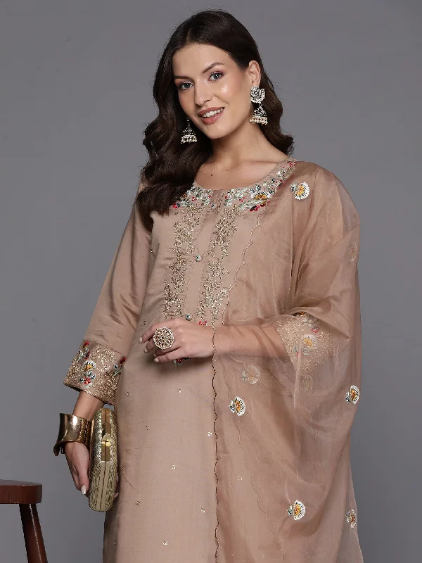 Women's Beige Embroidered Straight Kurta Trousers With Dupatta Set - Indo Era Trousers Striped Patterned Women's Beige Embroidered Straight Kurta Trousers With Dupatta Set - Indo Era Trousers Striped Patterned