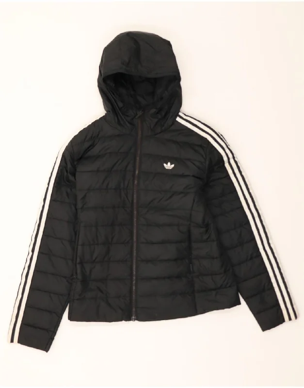 ADIDAS Womens Hooded Padded Jacket UK 14 Large Black Polyester Zip Front Button Front Snap Front