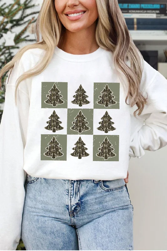 Beige Christmas Tree Checker Print Drop Shoulder Sweatshirt Hoodie with V-Neck Classic Versatile