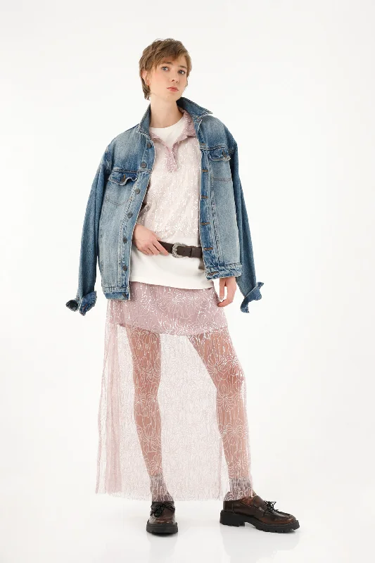 Women's Long Sheer Skirt with Embroidery denim skirt classic