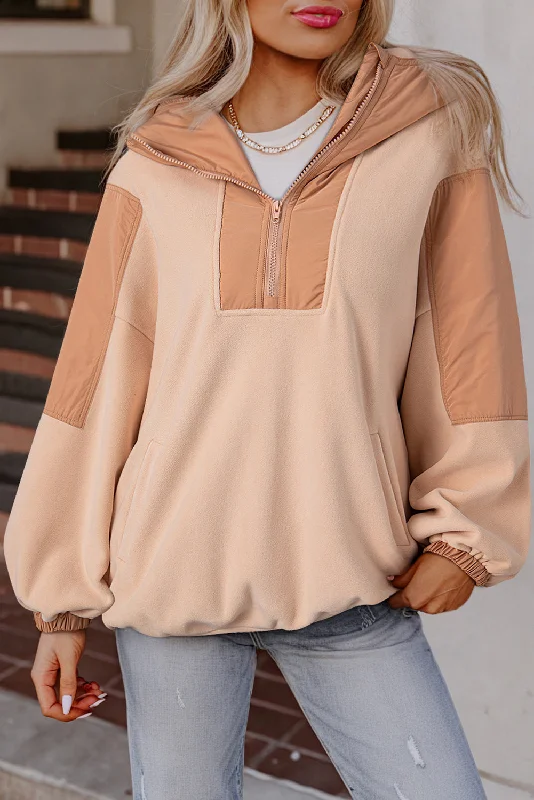 Light French Beige Colorblock Patchwork Half Zip Oversized Sherpa Hoodie Hoodie with Hem Raw Edge Edgy Unfinished