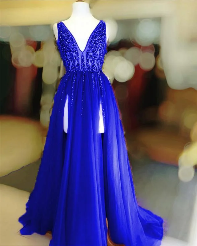 Long Tulle V-neck Prom Dresses Sequin Beaded Evening Gowns Tunics Corduroy durable