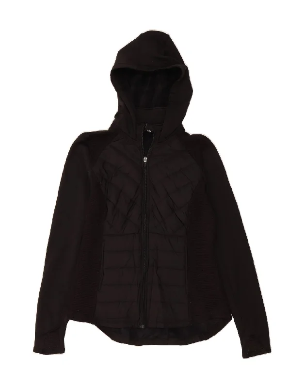 FILA Womens Hooded Tracksuit Top Jacket UK 10 Small Black Polyester Zip Front Button Front Snap Front FILA Womens Hooded Tracksuit Top Jacket UK 10 Small Black Polyester Zip Front Button Front Snap Front
