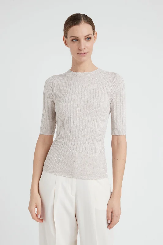 Ribbed short-sleeved sweater in viscose yarn and Lurex Herringbone Houndstooth Plaid