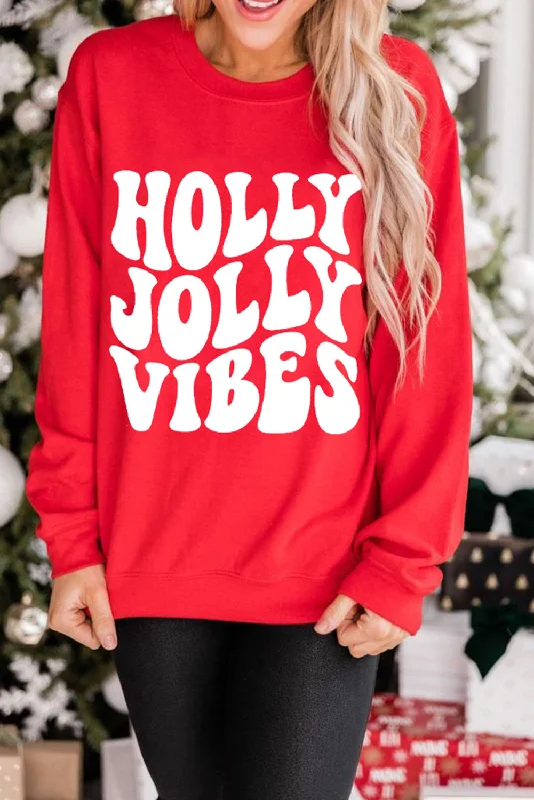 Red HOLLY JOLLY VIBES Graphic Crewneck Christmas Sweatshirt Hoodie with Hem Patch Decorative Personalized