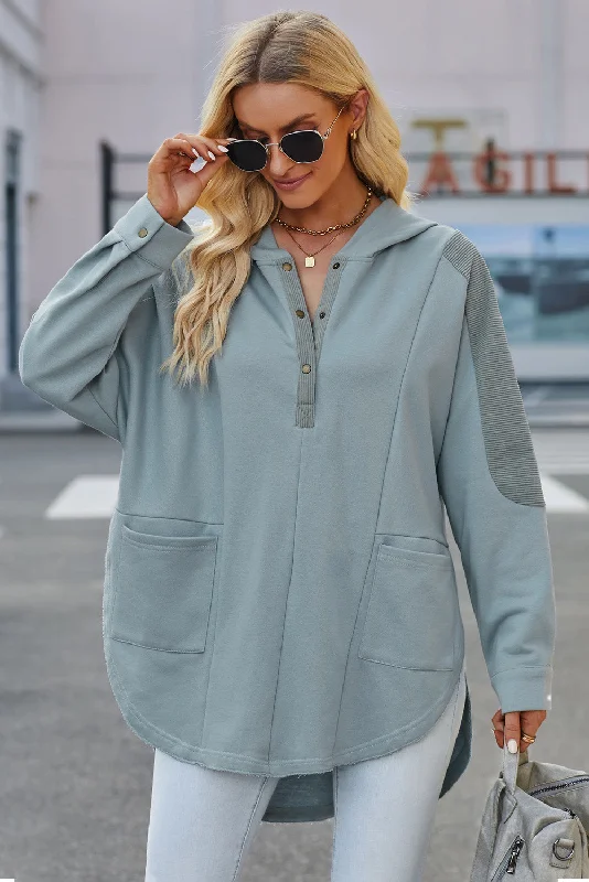 Levy Long Sleeve Buttoned Hoodie with Pockets Hoodie with Longline Fit Extended Stylish