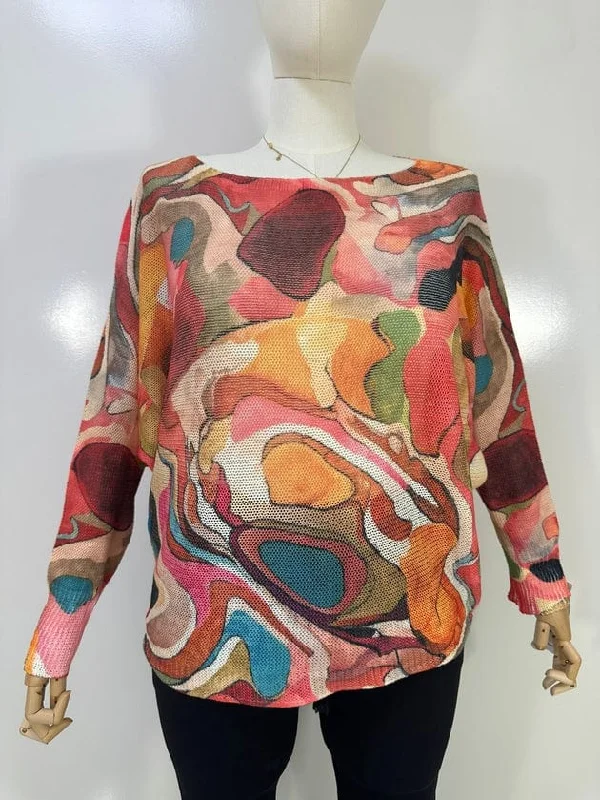 Loowie Crimson Abstract Print Long Sleeve Sweater Sweater Knitwear Pullover