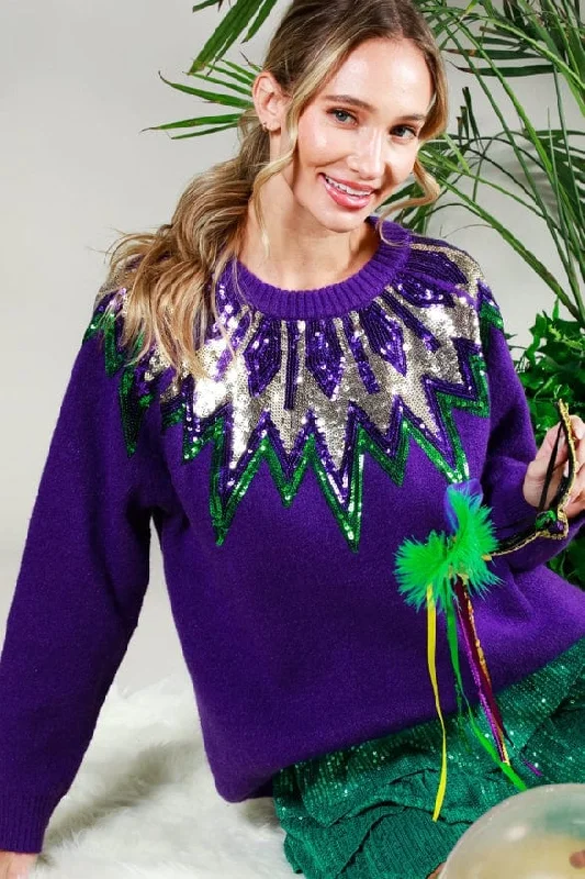 Vine & Love Sequin Neckline Mardi Gras Sweater Welt Pockets Slit Pockets Flap Pockets