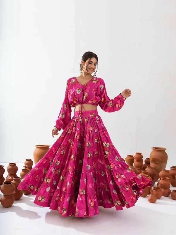 PR Fashion Magenta Heavy Air Tex Chinon Readymade Digital Print Crop Top & Lehenga Embroidered Appliqued Beaded