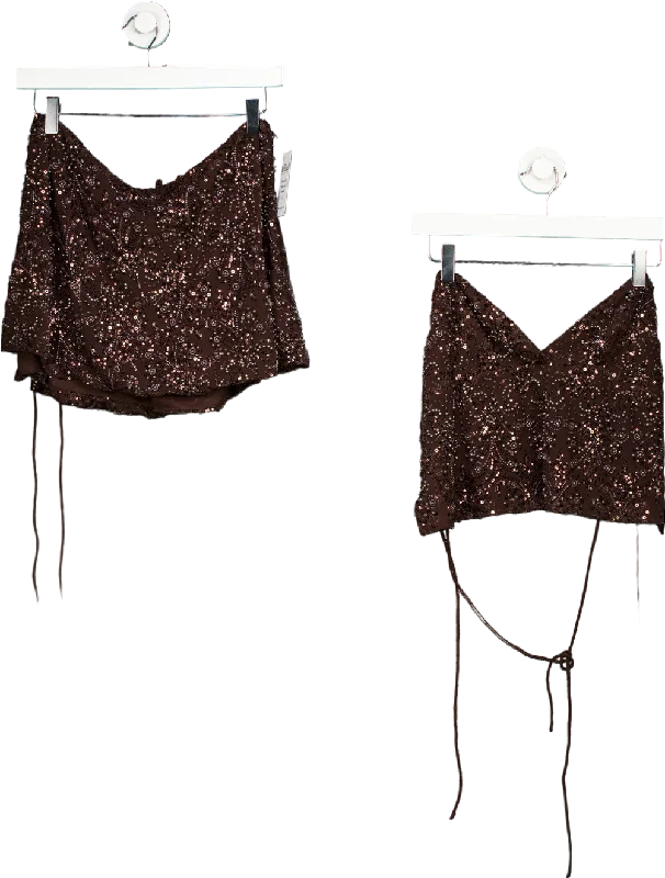 Tiger Mist Brown Sequin Crop Top UK S Collared Crew Neck Turtle Neck