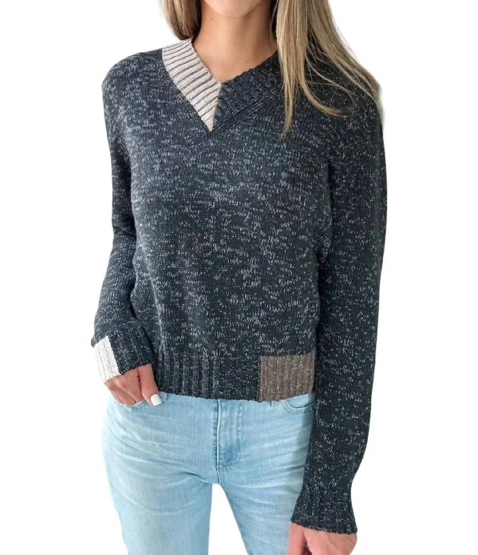 Marled Color Block V Neck Sweater In Charcoal Combo Glossy Satin Silk