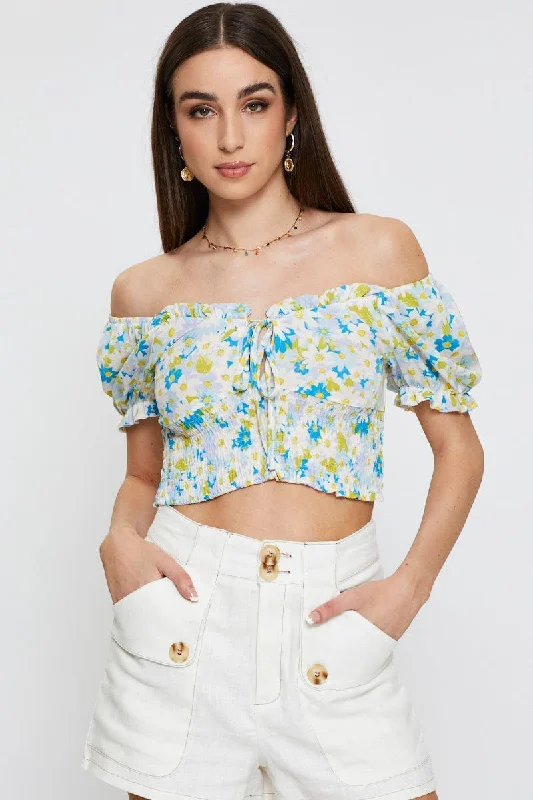 Print Crop Top Short Sleeve Sweetheart Fashionable Trendy Casual