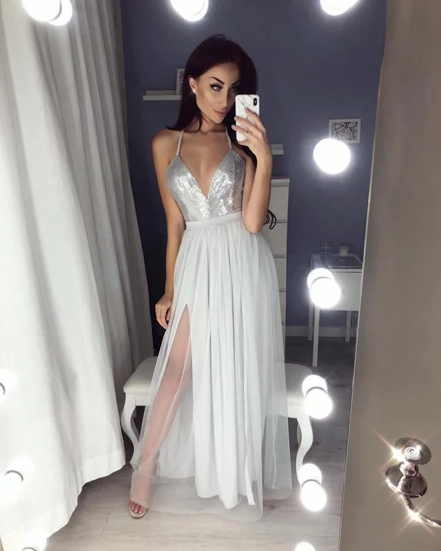 Sequins V-neck Open Back Tulle Floor Length Prom Dresses sweetheart Neckline Romantic