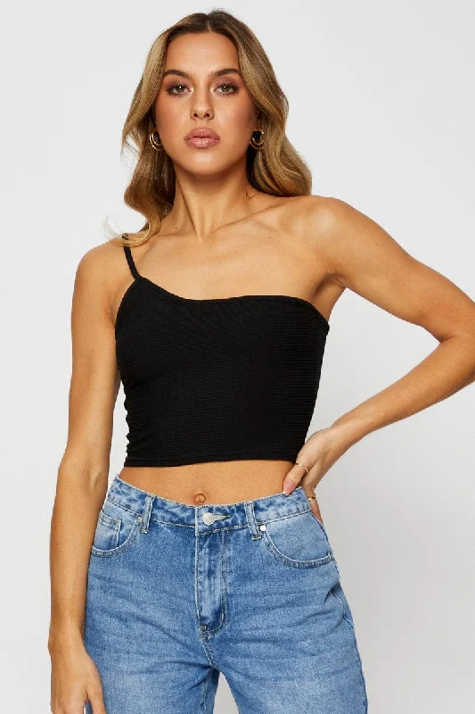 Black Crop Top One Shoulder Layered Multi-layer Single Layer