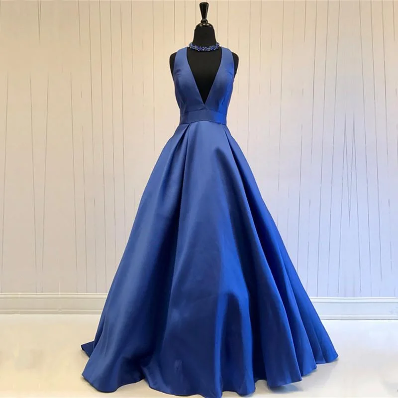 Sexy Deep V-neck Long Satin Bow Back Evening Dresses Floor Length Prom Gowns Tunics Luxurious high-end