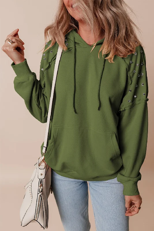 Vineyard Green Solid Color Rivet Stud Raglan Sleeve Hoodie with Pocket Hoodie with V-Neck Classic Versatile