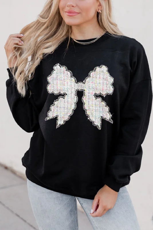 Black Rhinestone Decor Bowknot Graphic Pullover Sweatshirt Hoodie with Magnetic Closure Innovative Modern