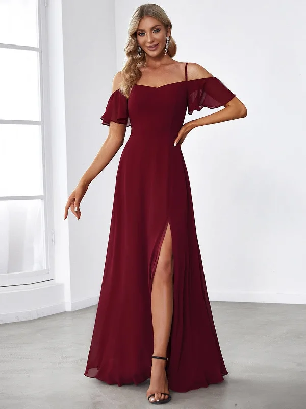 Cold Shoulder High Slit Chiffon Wedding Guest Dress A-Line Day Work