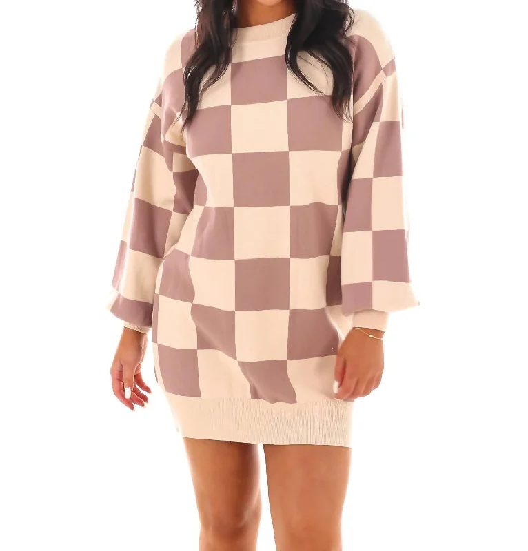 Easy Checks Sweater Mini Dress In Oatmeal/mocha Casual Formal Business