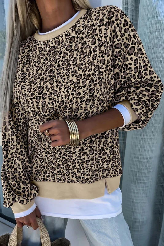 Parchment Leopard Print Crew Neck Sweatshirt Hoodie with Button Placket Classic Preppy