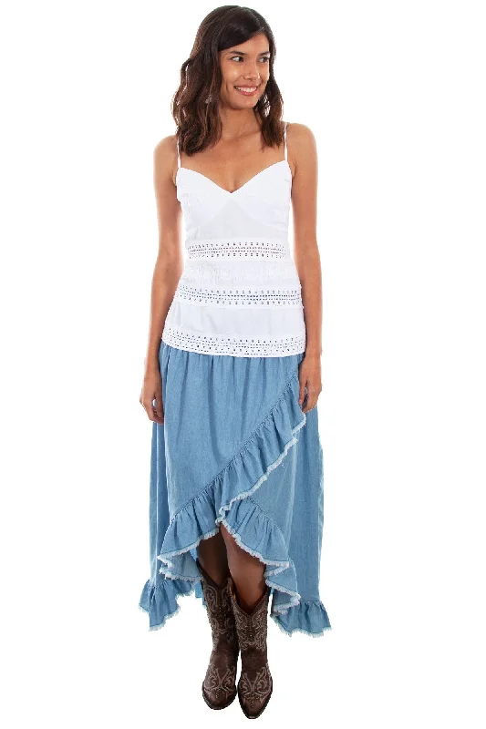 Scully Womens Light Blue 100% Cotton Hi/Lo Skirt button skirt front