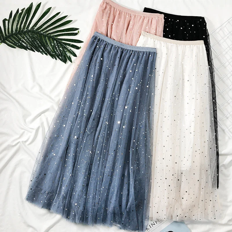 Summer New Ins Fairy High Waist Mid-length Star Moon Half-length Tulle Skirt velvet skirt rich