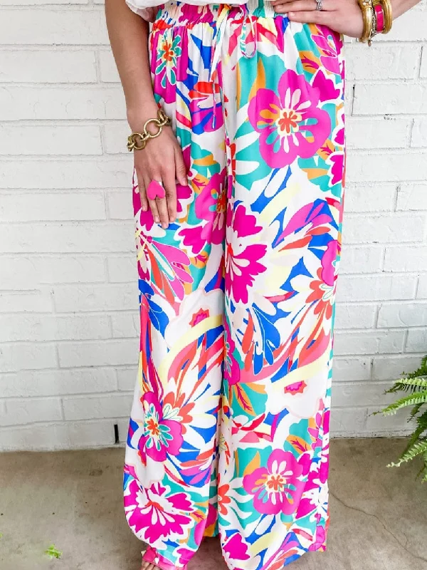 Bohemian Rose Red Floral Print Wide Leg Trousers Trousers Culottes Wide Leg