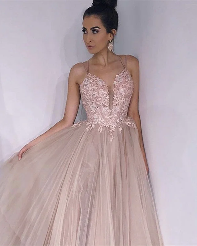 Long Tulle V-neck Embroidery Prom Dresses Cross Back Evening Gowns Tunics Evening elegant