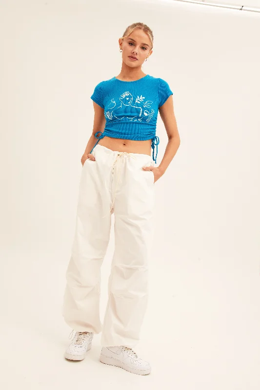 Blue Crop Top Short Sleeve Crew Neck Ruched Rib Front Pockets Side Pockets Patch Pockets