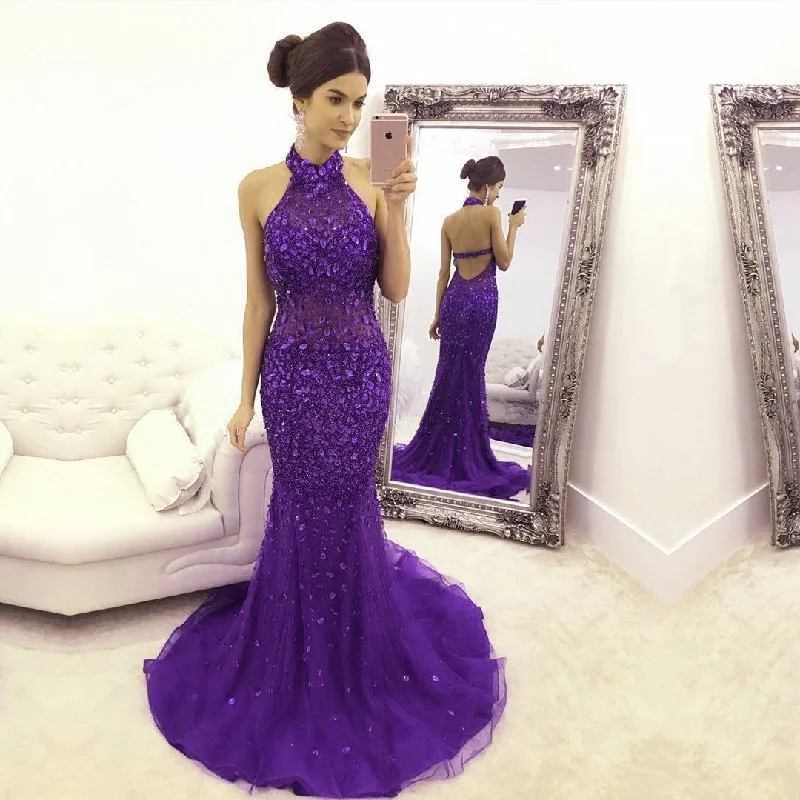 Purple Crystal Beaded Halter Evening Dresses Mermaid 2017 Luxury Prom Gowns Tunics Stylish elegant
