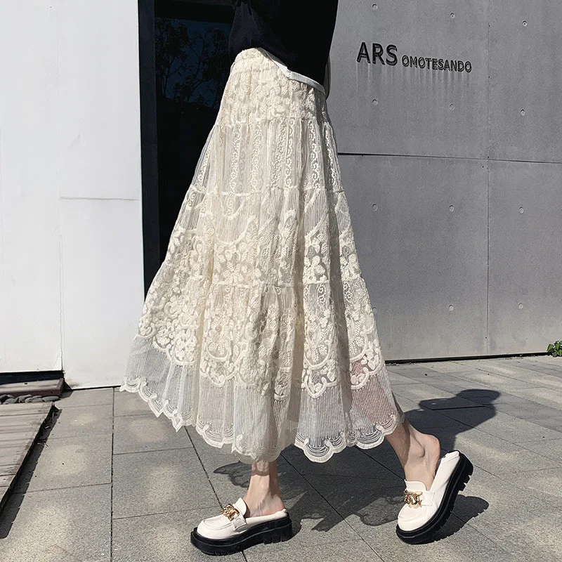 Women's Lace Embroidery Large Hem Half Skirt high slit skirt