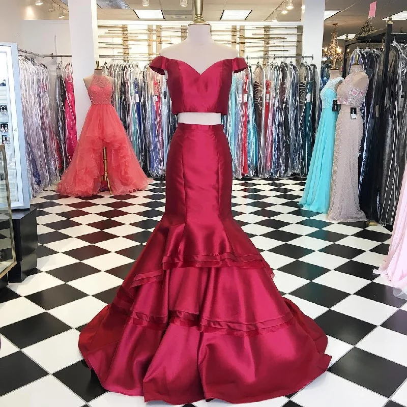 off the shoulder burgundy evening dress mermaid new two piece prom dress Tunics Winter warm