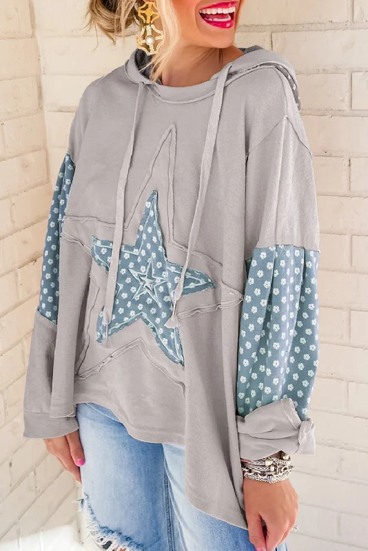 Beau Blue Floral Patchwork Star Pattern Drawstring Hoodie Hoodie with Sequins Glamorous Eye-catching