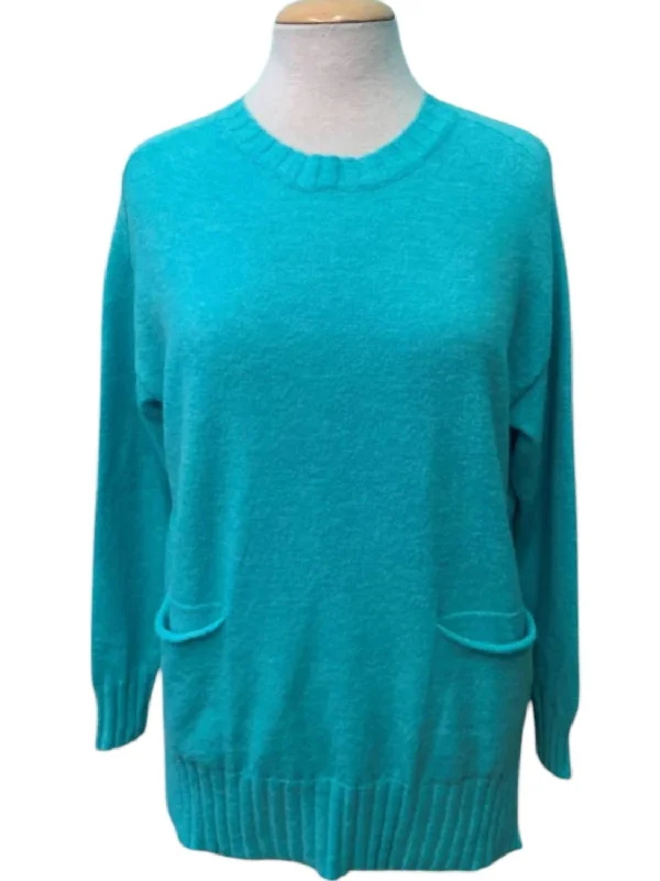 Women's Crew Neck Pocket Knit Sweater In Peacock Velvet Chenille Corduroy