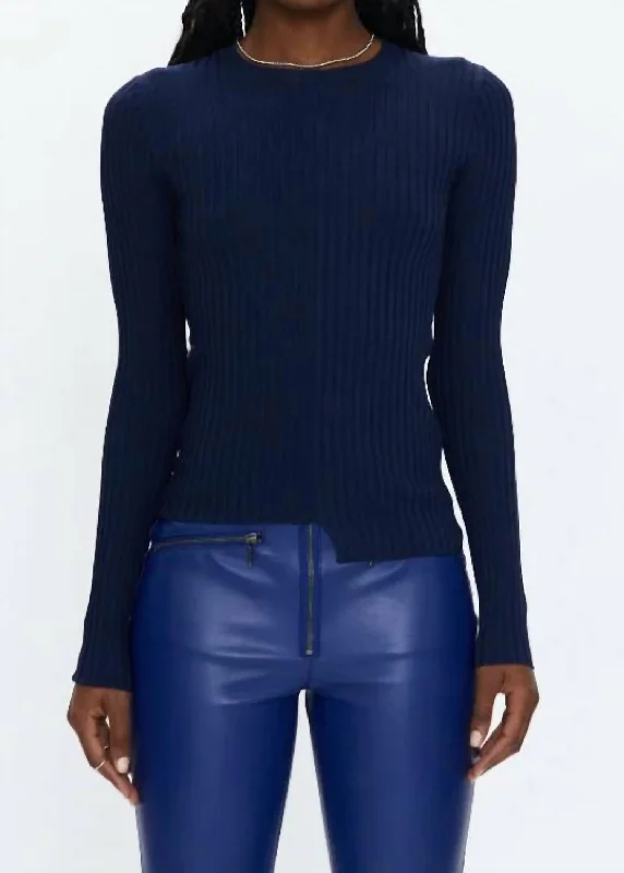 Betty Asymmetric Sweater Top In Navy Terry Terry Cloth Terry Knit