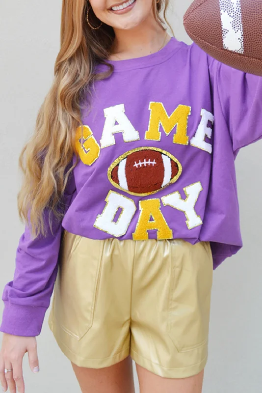 Tillandsia Purple GAME DAY Rugby Chenille Embroidered Pullover Sweatshirt Hoodie with Elastic Waist Stretchable Comfortable