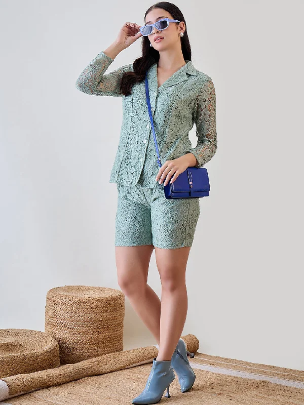 Pastel Green Delicate Floral Lace Jacket and Shorts Cord Set Mesh Jacket Canvas Jacket Denim Jacket