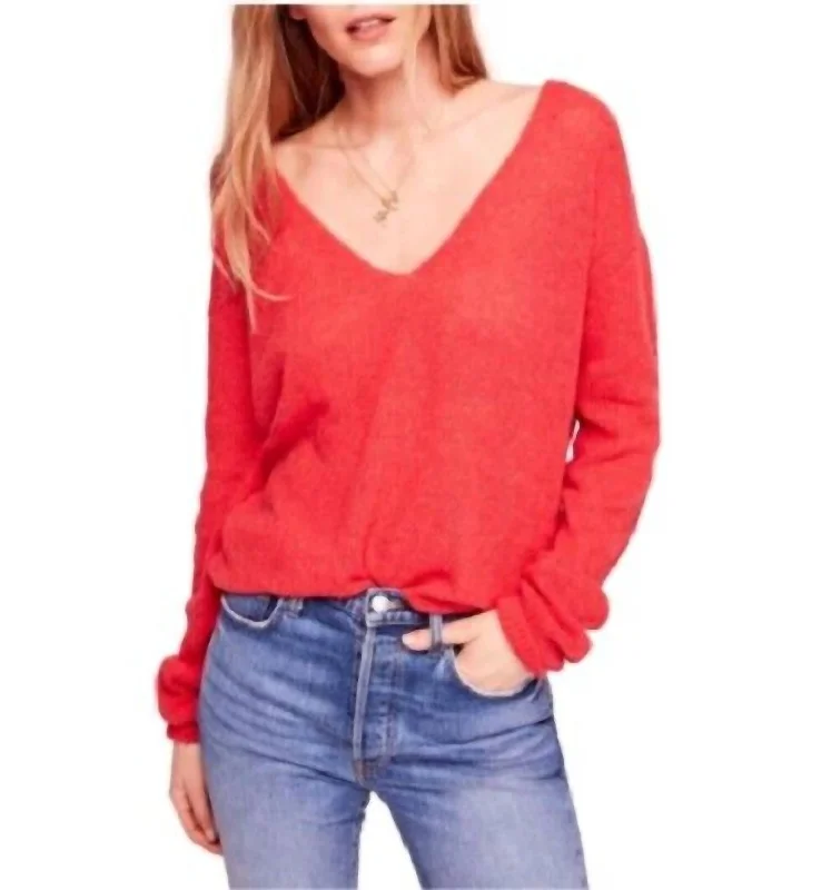 Coral Knit Gossamer V-Neck Sweater In Red Terry Terry Cloth Terry Knit