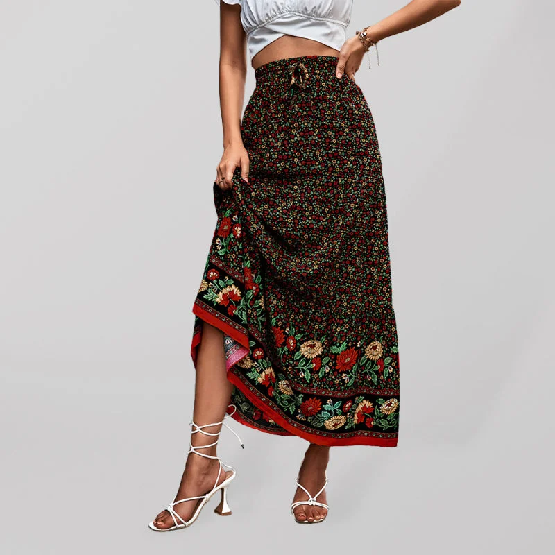 Blue Zone Planet |  holiday high waist floral long skirt leather skirt bold