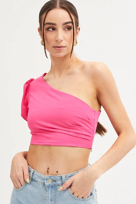 Pink One Shoulder Crop Top Sequined Glittery Shiny