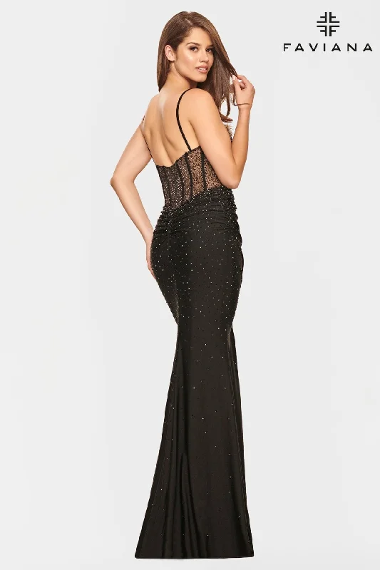Black V Neck Dress With Corset Back And Rhinestone Beading Tunics Silk luxurious